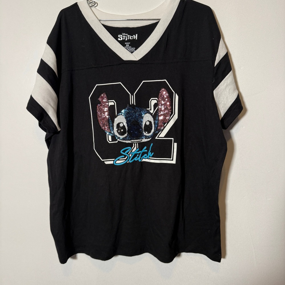 Disney Stitch Jersey Shirt Womens 2X Black Sequin Graphic V-Neck Tee